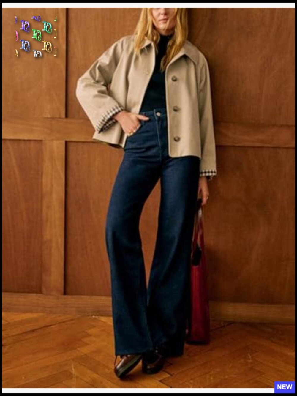 Oversize Trench Coat Plaid Lining Lapel Button Down Casual Crop Jacket with - Picture 3 of 7